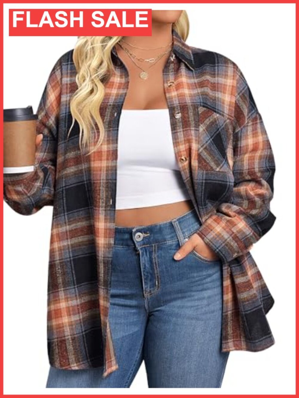Womens Plus Size Flannel Shirt Long Sleeve Button Down Plaid Top